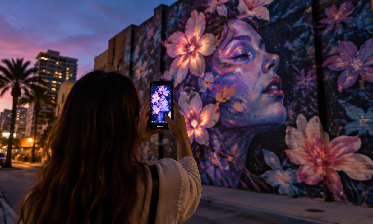 A visitor scanning a vibrant outdoor mural with their phone as it comes alive