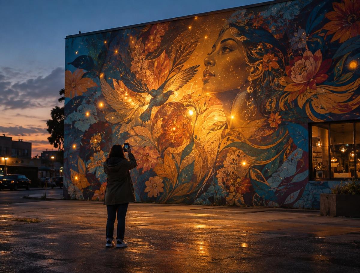 A person holding a phone toward a glowing mural at dusk