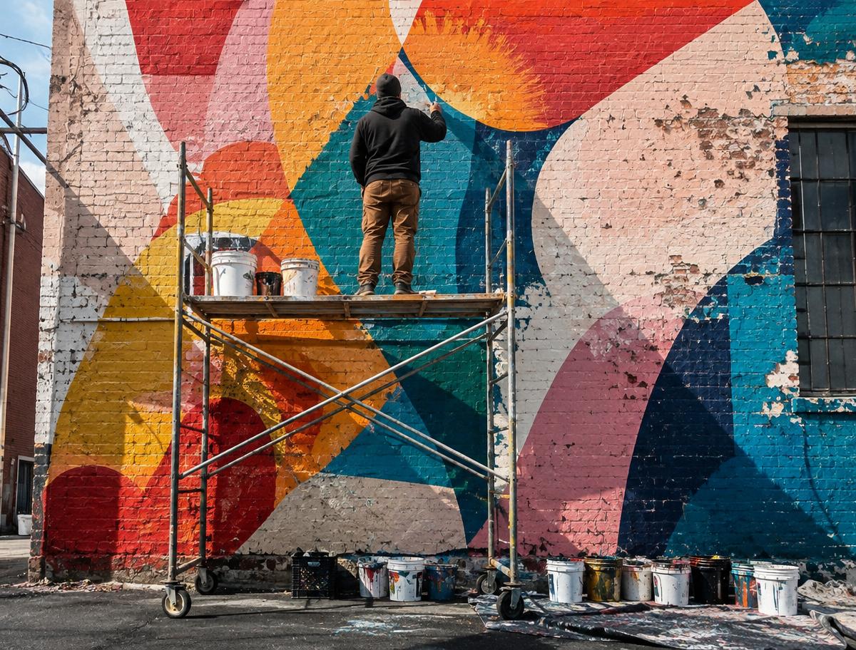 A mural artist painting a giant mural on a weathered brick wall
