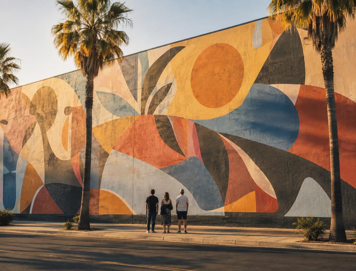 Neighbours gathered on a sunlit sidewalk admiring a large outdoor mural