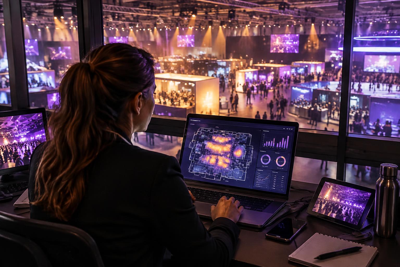 Organiser reviewing a venue heatmap and booth visit charts