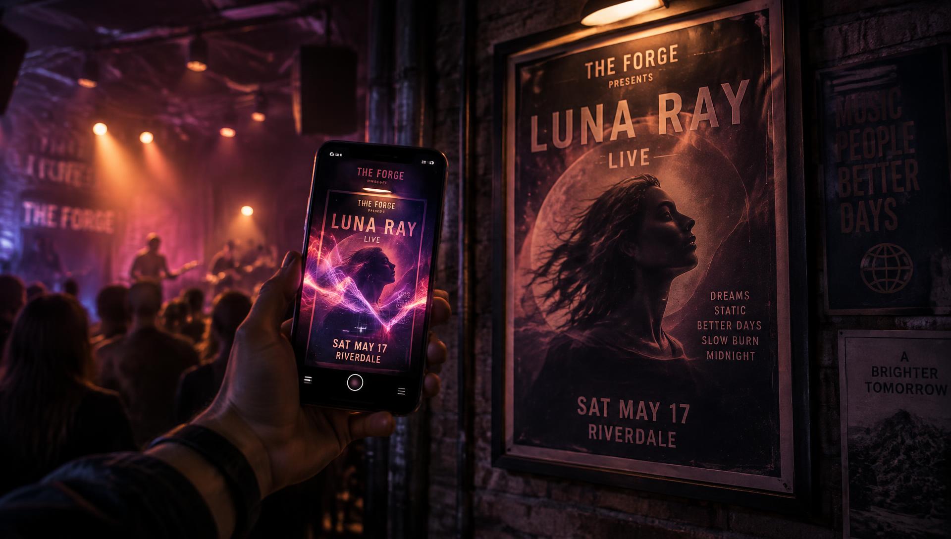 A fan scanning a gig poster at a music venue