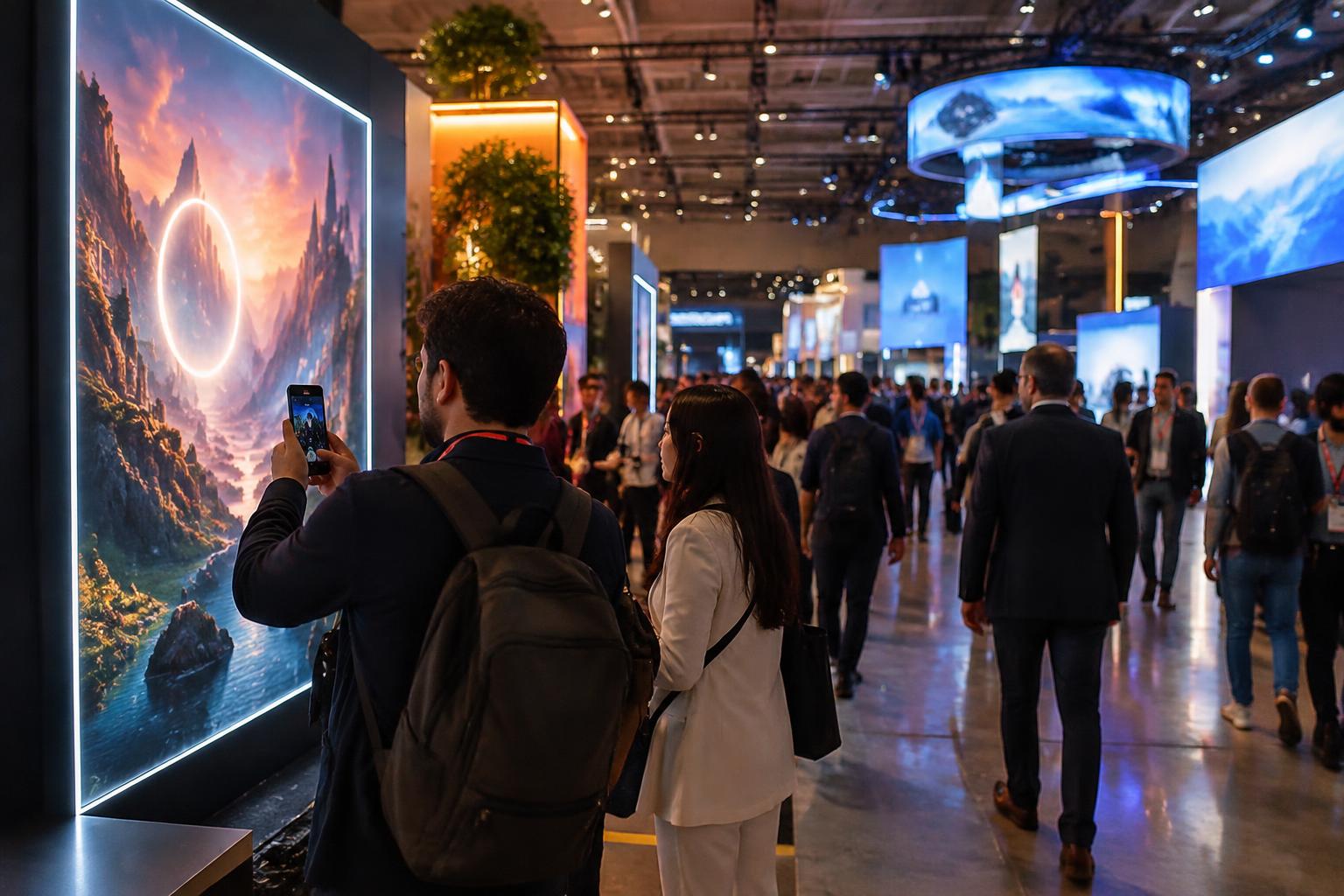 An attendee scanning a painted art panel on a conference booth