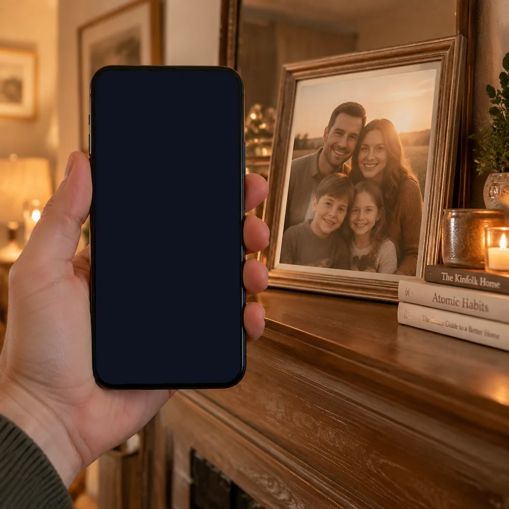 A hand holds a phone up to a framed family photo on a mantel; the family smiles and moves on the phone screen.