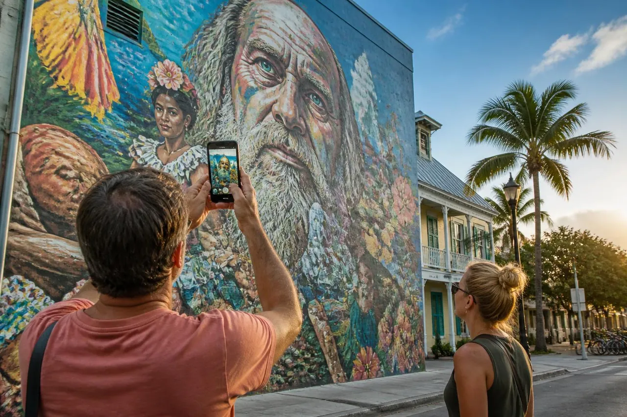 Visitors discovering a monumental outdoor mural with augmented reality