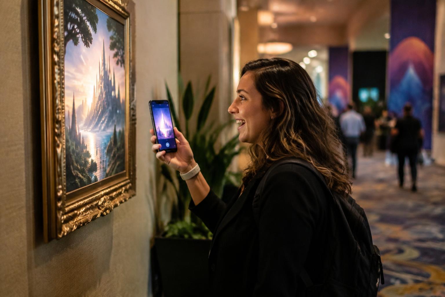 Two attendees finding a hidden mural under a staircase
